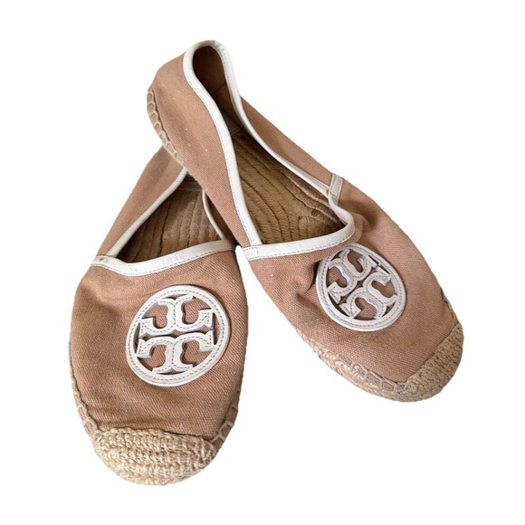 Tory Burch Shoes - Tory Burch Logo Canvas Espadrille Flat Slip On Shoe Size 8.5 Cream